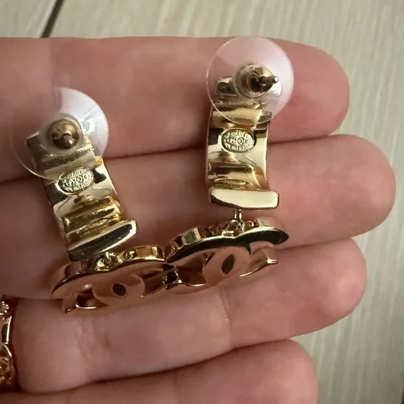 Naw upcycled Chanel Gold with rhinestone Crystal Logo Earrings - Picture 4 of 9